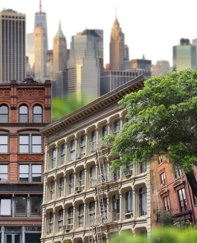 Cityscape with a mix of old and modern architecture, including a prominent building with a fire escape.