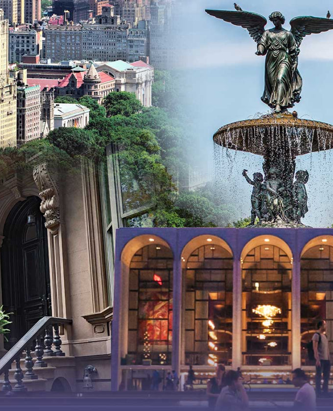 Collage of a cityscape with a fountain featuring an angel statue, a building entrance, and a theater interior.
