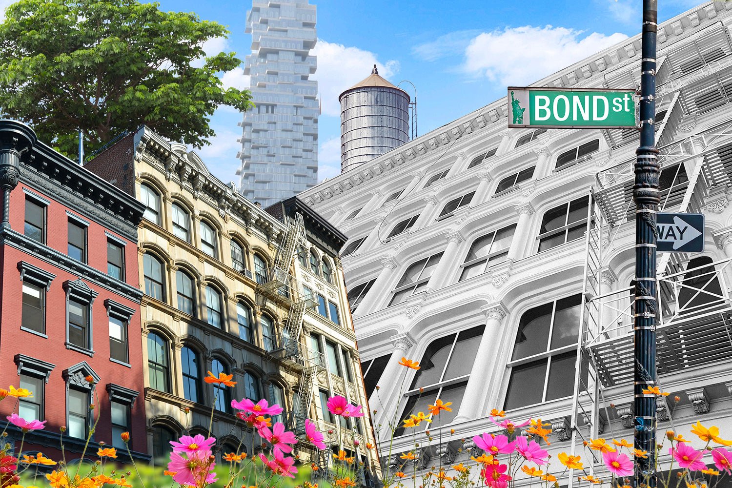 City street scene with colorful flowers, buildings, and a street sign.