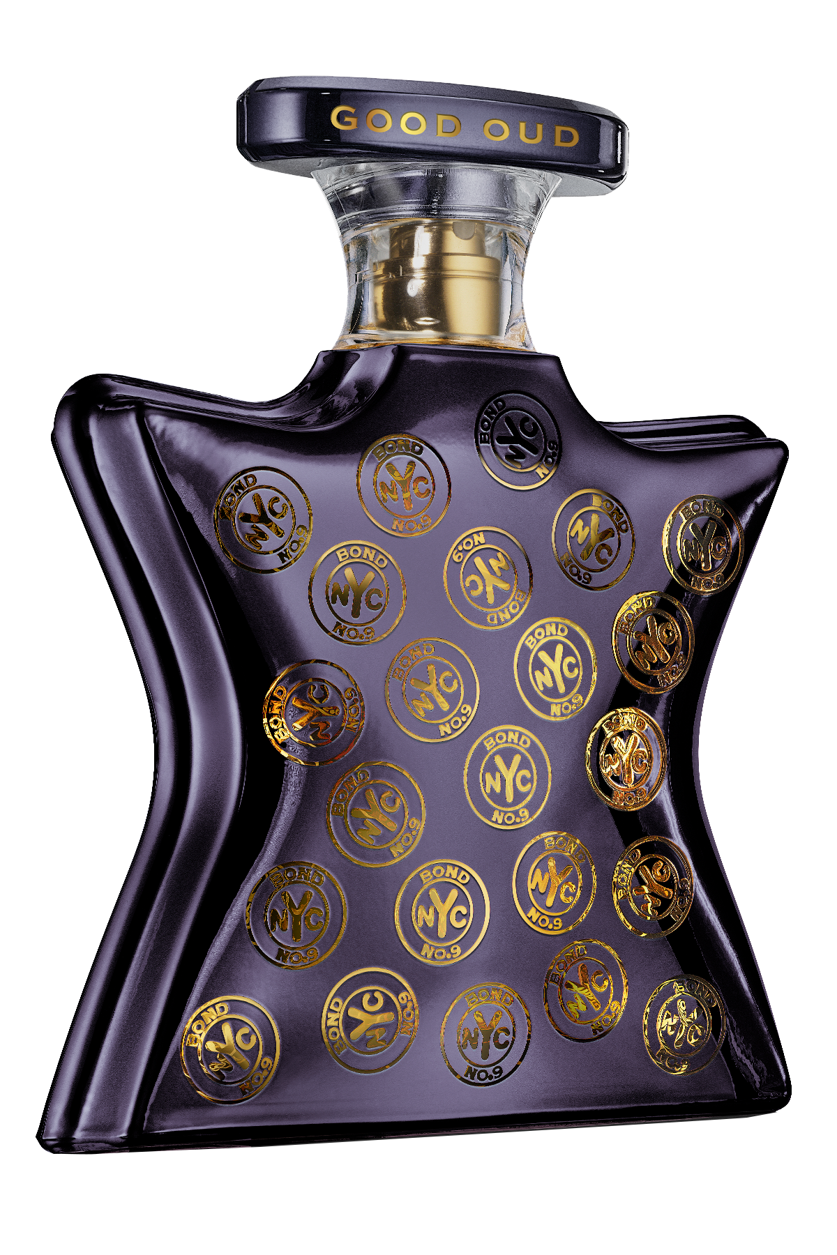 Perfume bottle with gold logo patterns on a white background