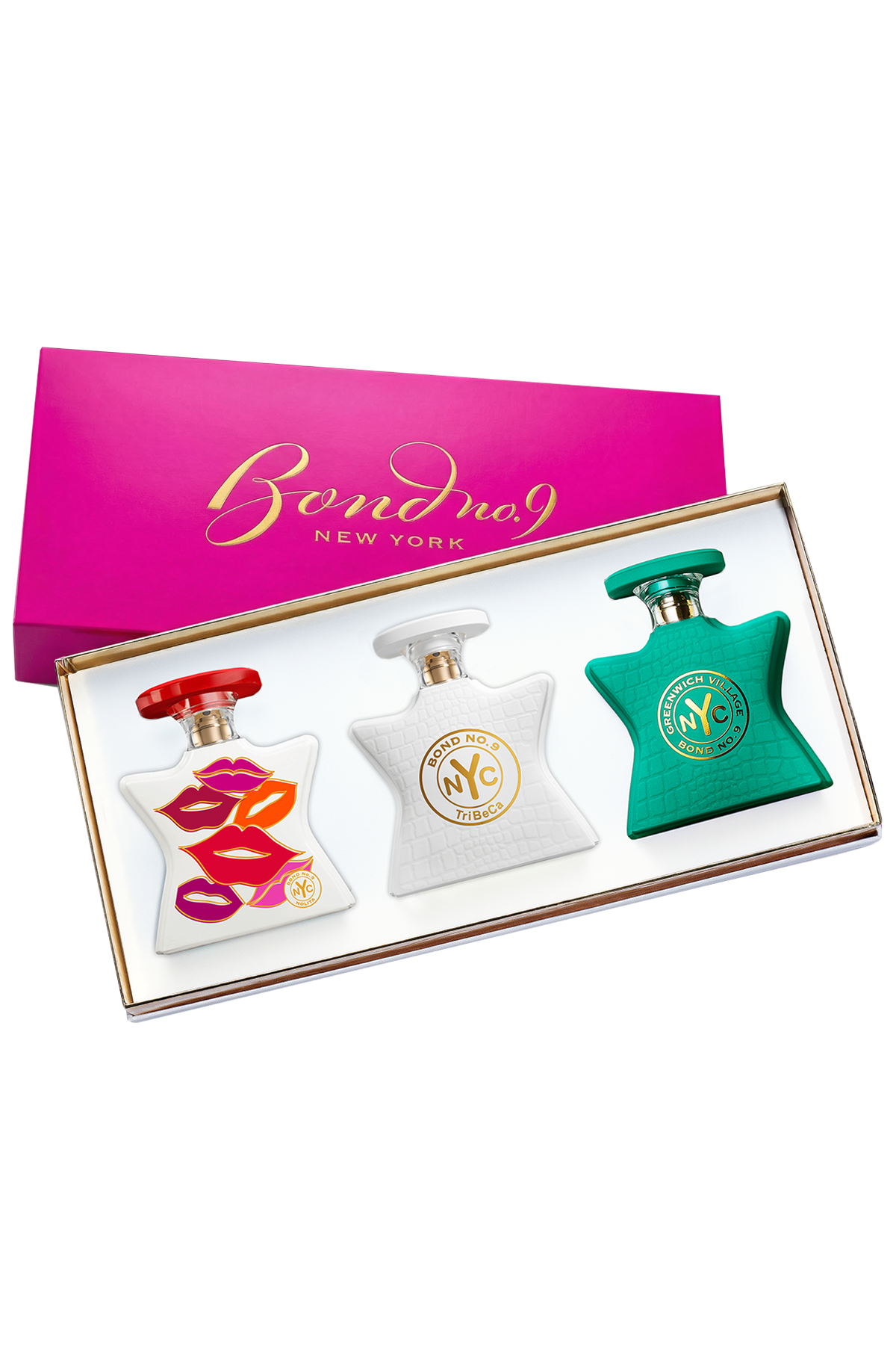 Three perfume bottles in a Bond No. 9 New York gift set on a white background