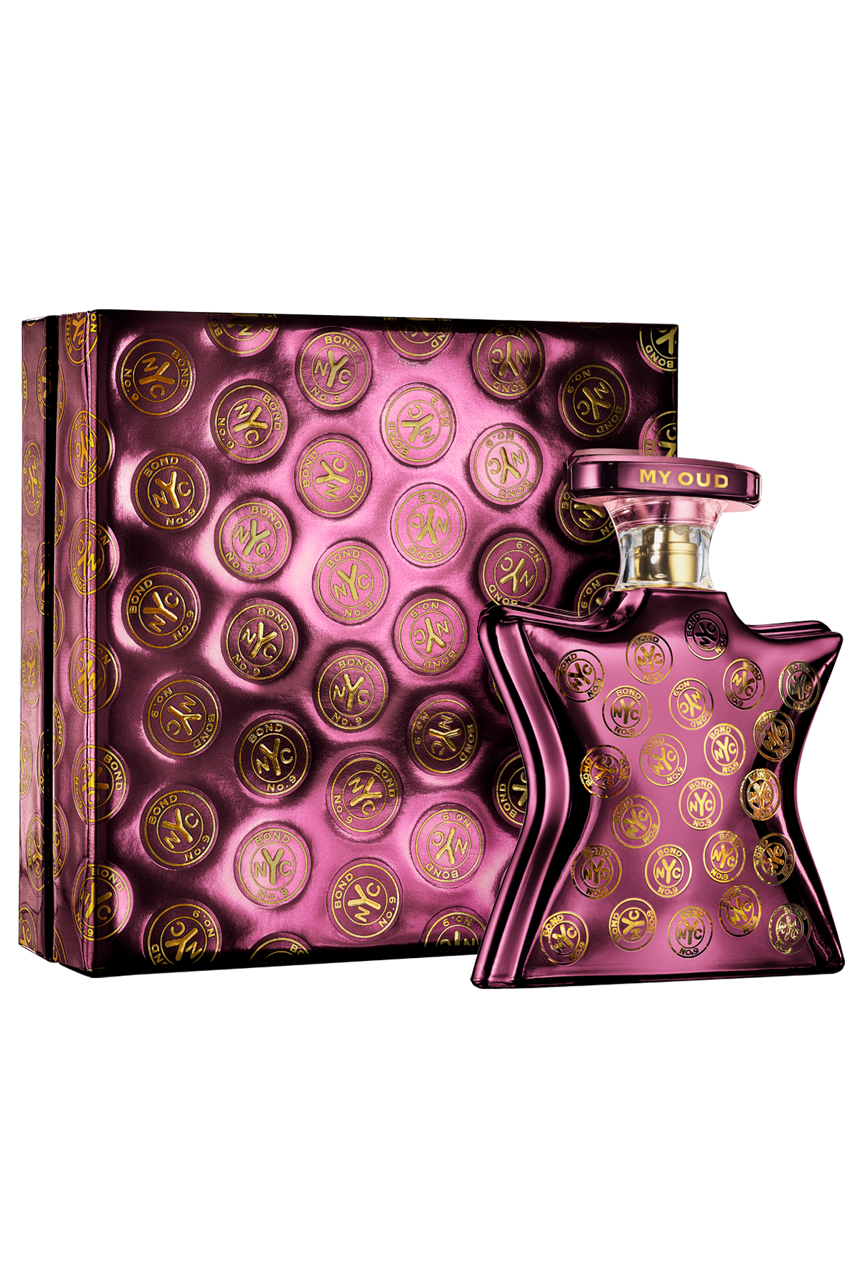 Pink perfume bottle and packaging with gold accents on a white background