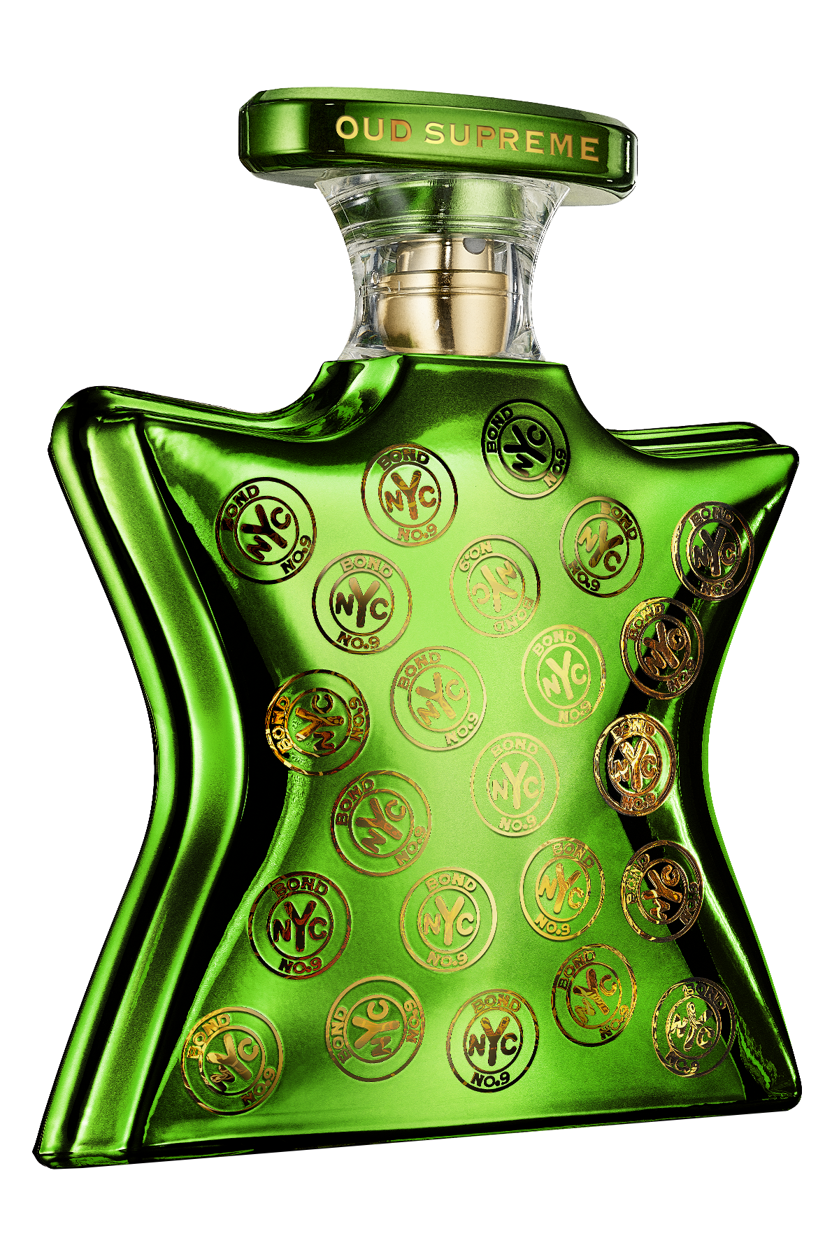 Green perfume bottle with gold accents on a white background