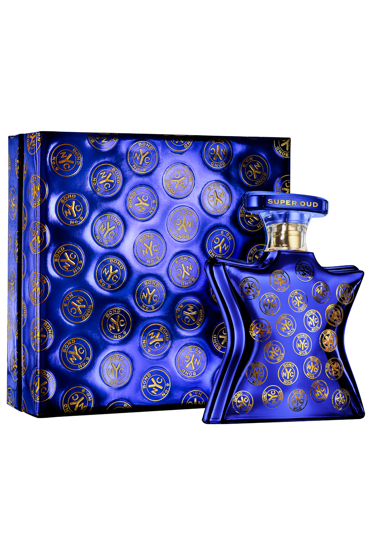 Blue perfume bottle and packaging with gold accents on a white background