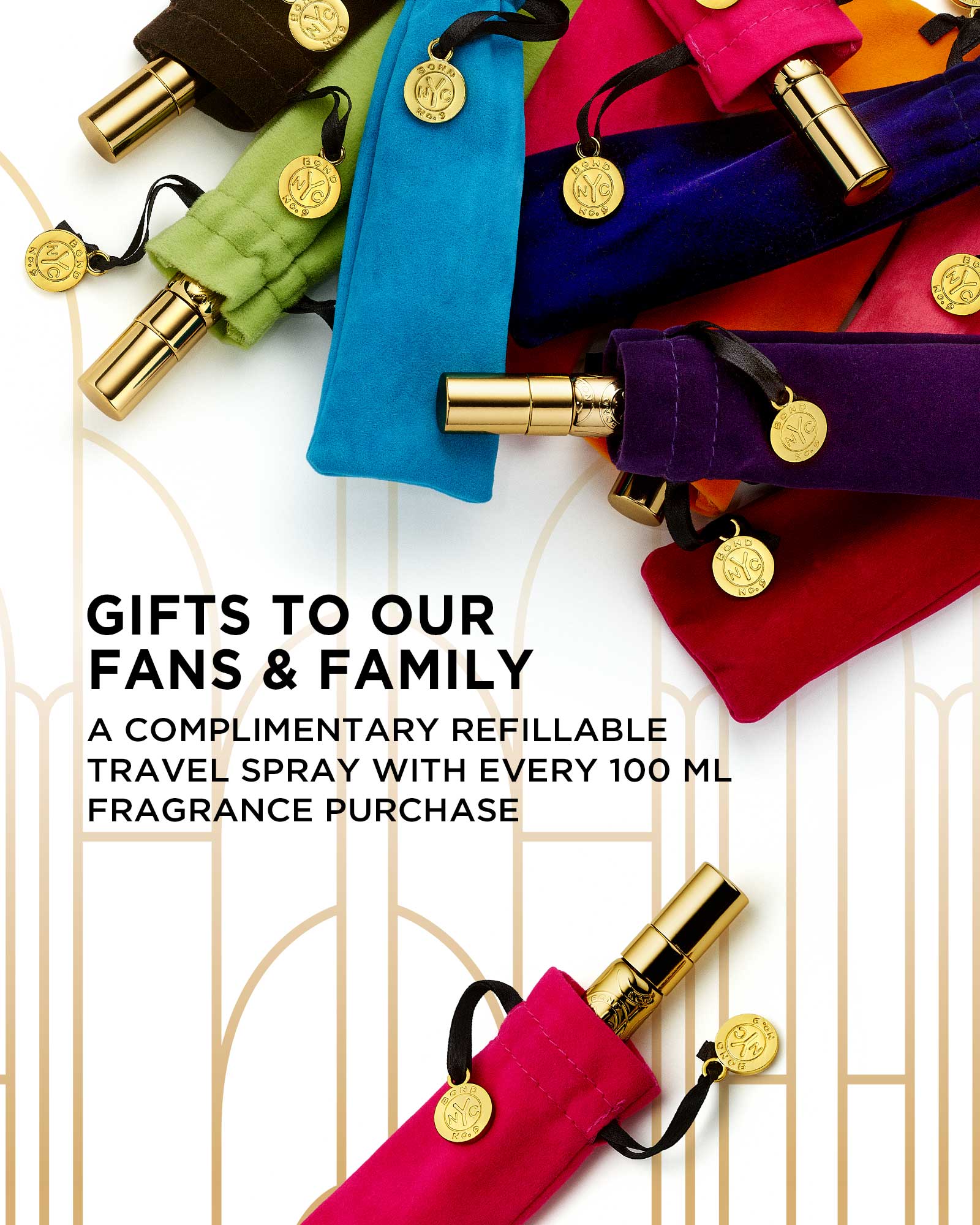 Colorful velvet pouches with gold accents on a decorative white background