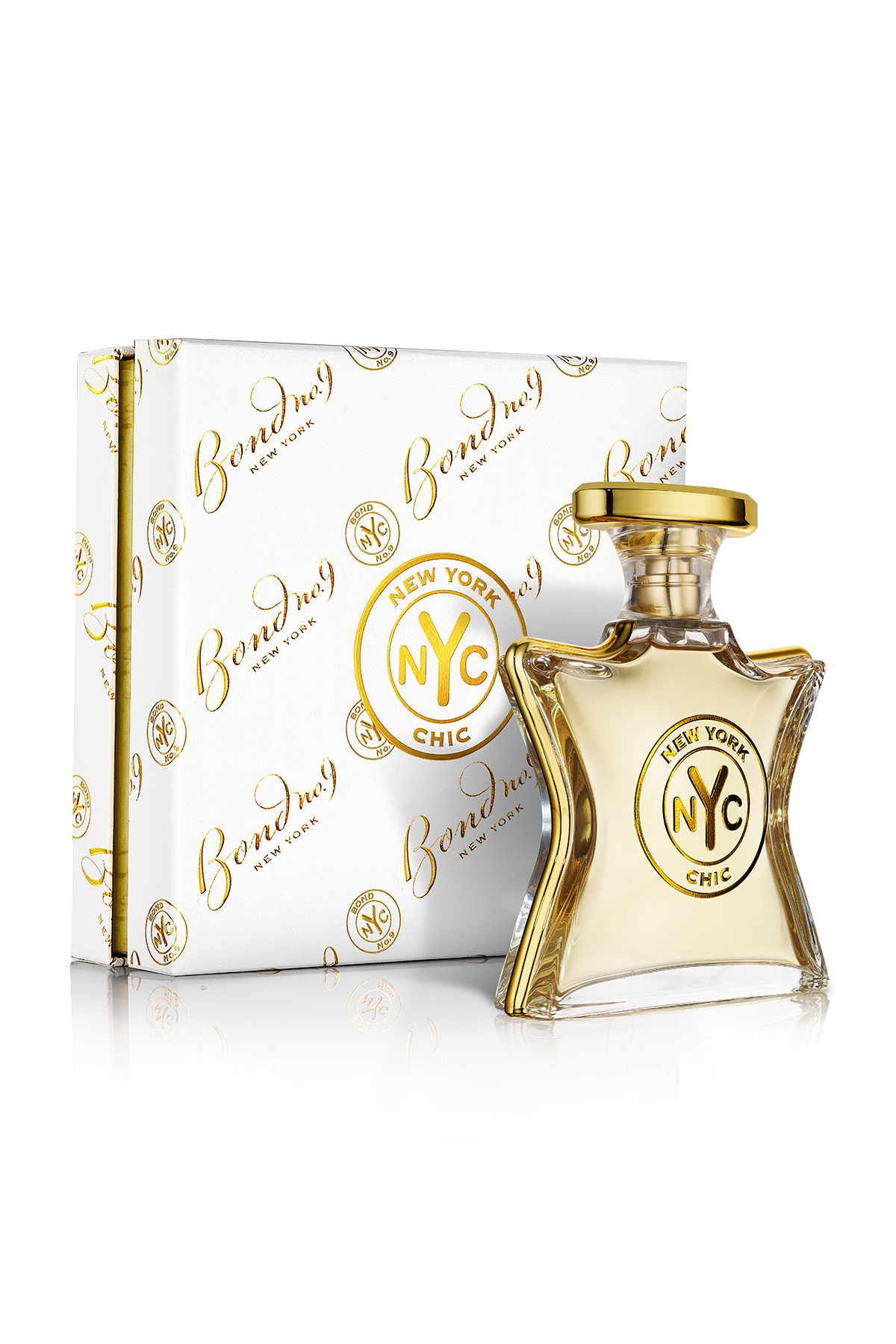 Perfume bottle and packaging with 'New York Chic' branding on a white background